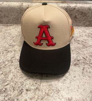 All Smiles Tan/Black Snapback Hat with Red 'A' Logo and Side Flame Embroidery